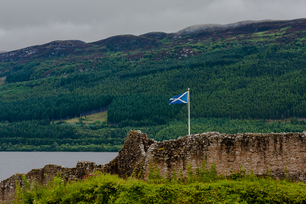 Scottish flag by a loch